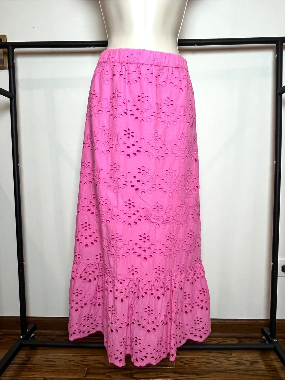 Calypso Women's Pink Eyelet Maxi Skirt Medium Fairy Cottage Preppy Summer Beach